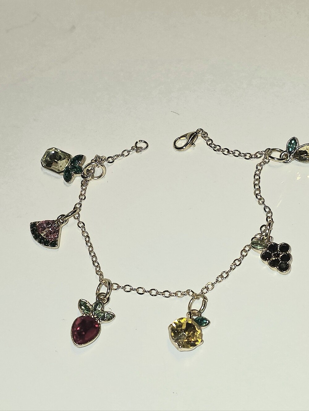 New Gold Crystal Fruit Charm Bracelet Sparkly Strawberry/Lemon/Orange/Grapes